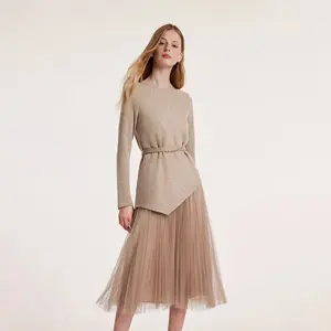 GOELIA Asymmetrical Hem Top And Tulle Women Skirt With Belt Two-Piece Set