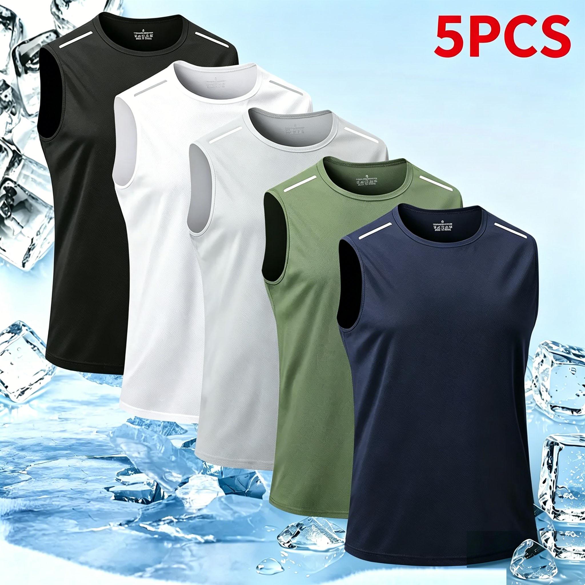 Set of 5 men’s sleeveless tank tops — fitness, running, casual athletic tops with a crew neck and striped design, stylish