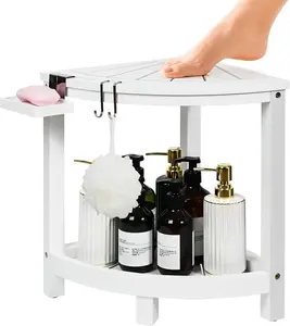 Ollieroo 2-Tier Bamboo Corner Shower Stool for Shaving Legs, Waterproof Shower Bench with Storage Shelf and Soap Dish, Shower Chair for Inside Shower, Non-Mildew & Non-Slip Shower Foot Rest(White)