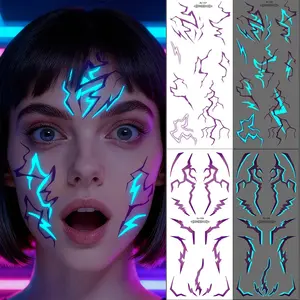 Glow in The Dark Kpop Gothic Women Face Temporary Tattoos -Cool Blue Purple Lightning & Vein Body Art Waterproof Tattoos