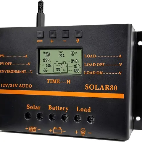 80A LCD Screen Solar Charger Controller, 12V/24V 1440W Photovoltaics Battery Regulator with Heat-Sink Cooled Aluminum Body, Automatic Switch Timer, Easy to Install, 1*Solar Controller, 1*User Manual for Home Users