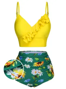 2PCS YELLOW 1950S SUNFLOWER RUFFLES V-NECK SWIMSUIT Floral Bikini Bottom Bikinis Set