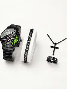 4-piece trendy wheel shaped men's steel strap watch with personalized fully automatic quartz movement men's watch Bracelet Wristwatch Set