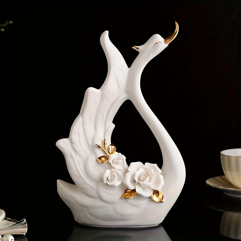 Handcrafted Artistic Porcelain Swan Couple Statues - European-Style Light Luxury Flower Decor, Ideal for Living Room & Home Foyer, Perfect Mother’s Day or Wedding Gift, Solid Texture, Home Decor, Ceramic