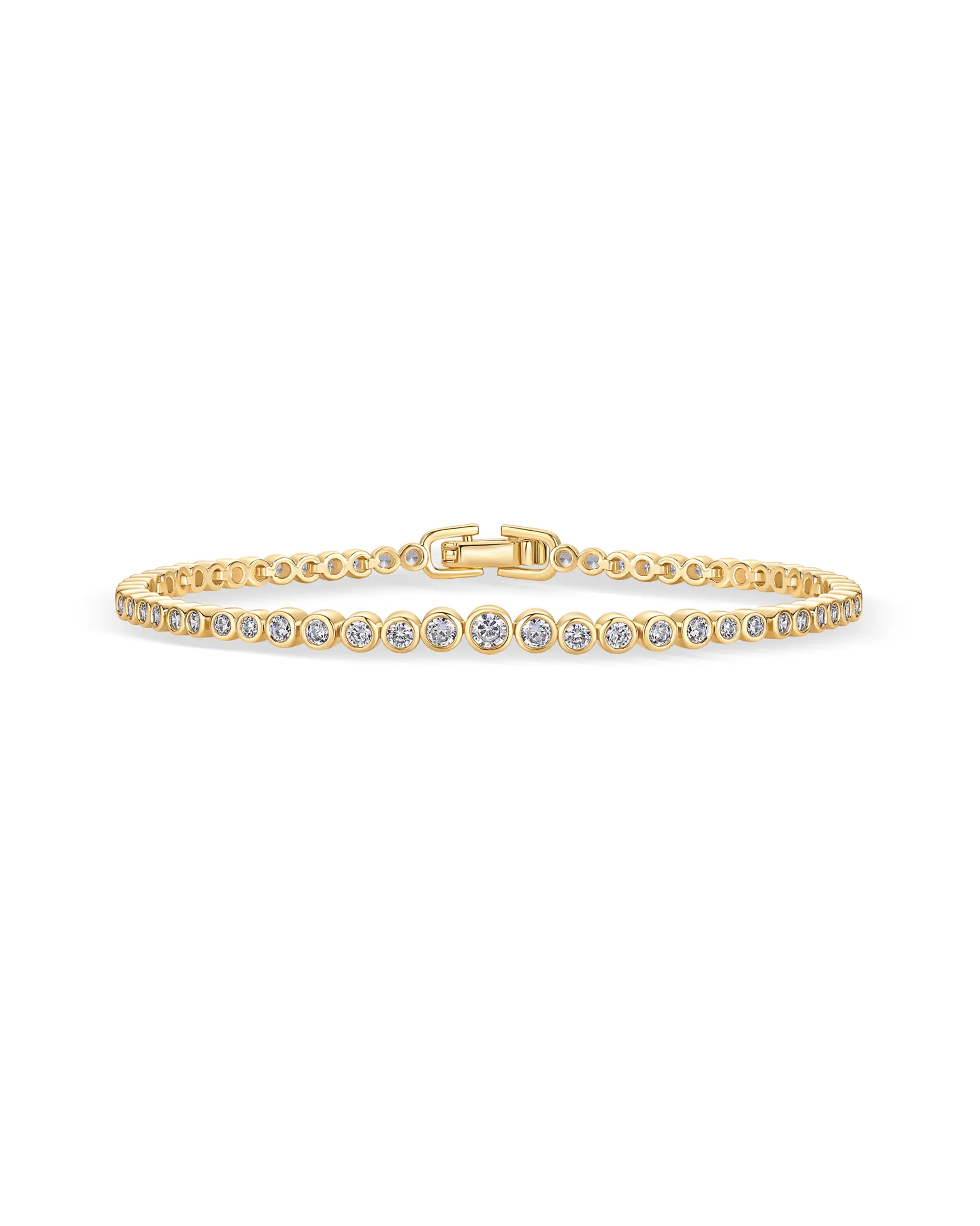 PAVOI 14K Gold Plated Graduated Simulated Diamonds Bezel Set Tennis Bracelets for Women - Cubic Zirconia Round Statement Bride Bracelet