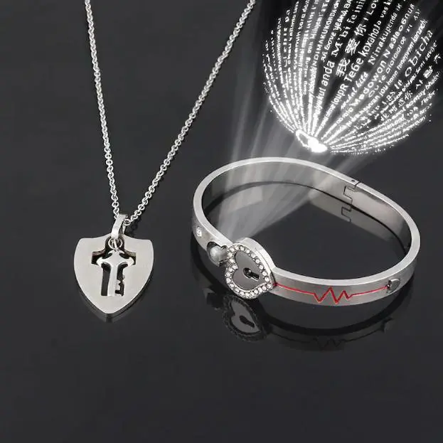Heart Lock Bracelet & Key Necklace Set with "I Love You" In 100 Languages - The Cutest Gift For Them Only Suitable For Wrists Under 7.5 Inches