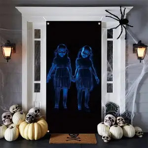 Halloween Door Banner Decoration, Polyester Scary Ghost Twin Print for Festive Theme Party Background, Indoor/Outdoor Front Door Decor, Lightweight, Ornaments