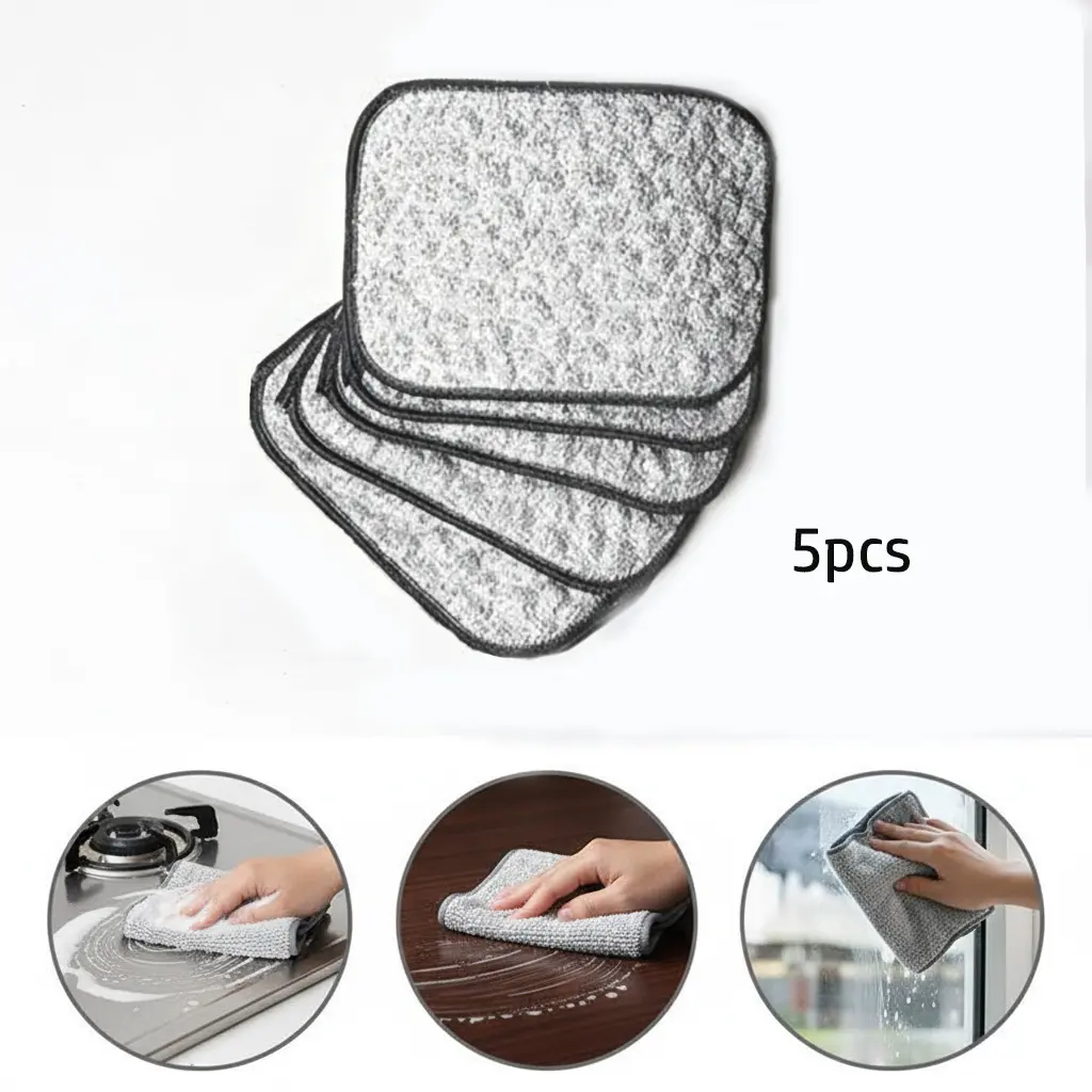 [DealsForYouDays] 5-Count Multifunctional Non-Scratch Wire Dishcloths - 2-Layer Washable Kitchen Cleaning Tool, Super Absorbent for Sinks, Pans, Wet & Dry Use, Silver, Great Gift for Dad/Father's Day, Ideal for Kitchen Enthusiasts