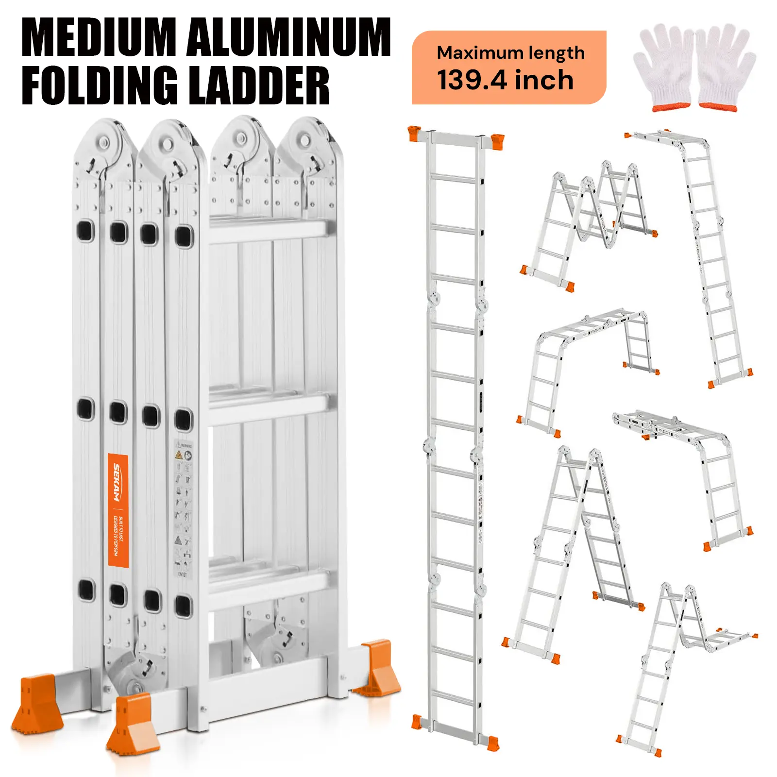 SKEAM Medium Aluminum Folding Ladder 139.4 inch for DIY Painting & Everyday Tasks Durable with Anti-Slip Feet Bonus Gloves Included