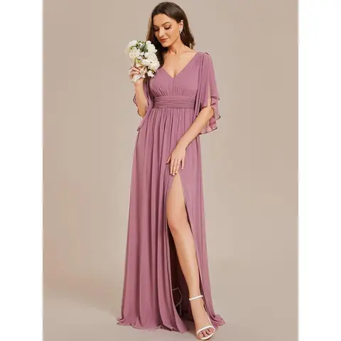 Ever-Pretty Women's Soft Fit Short-Sleeve V-Neck Pleated High Slit A-Line Chiffon Bridesmaid Dress 01886 - Lightweight Zipper-Accented Style Formal Wear for Black Tie Weddings, Solid Formal Dresses for Women