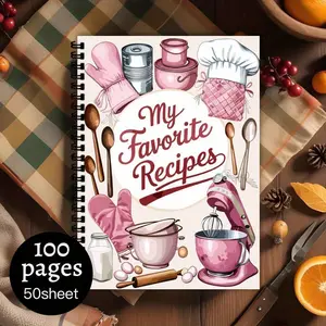 100 Pages A5 Blank Recipe Book - Spiral Binding Cooking Plan Book, Home Recipes and Kitchen Organizing, Blank Page for Message Photos, Perfect Gift for Cooking Lovers, Food Illustration Cover, Paper Book, Spiral Notebook Journal