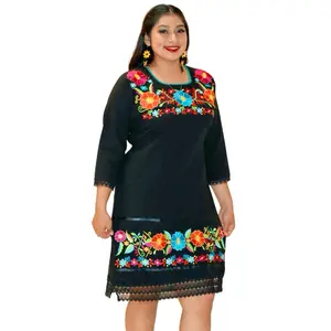 Ruby Dress - Mexican Embroidered 3/4 Sleeve Dress with Colorful Floral Embroidery Lace Hem Crochet Details True to Size Waist Adjustment