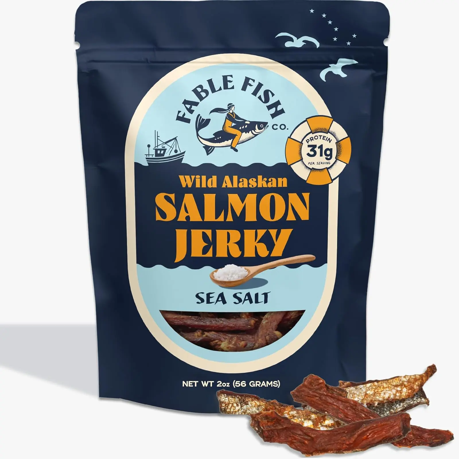 Fable Fish Wild Alaskan Salmon Jerky - Wild Caught Salmon with 31g of Protein - Tasty Fish Jerky with Omega-3s and Natural Source of Collagen - Made with Whole Muscle Sockeye - Sea Salt