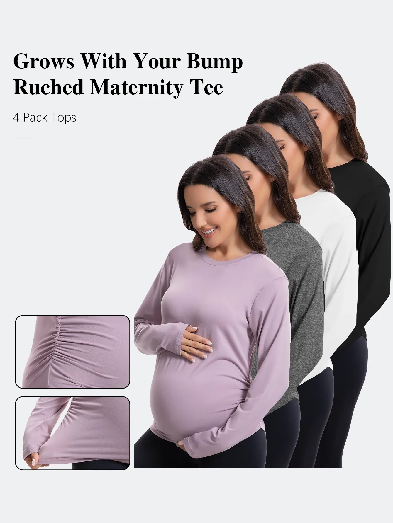 4 Pack  Women Solid Ruched Side Maternity Long Sleeve Tops Soft Stretch Pregnancy Layering T-Shirts Fits All Trimesters Postpartum Outfit summerwins,travel essentials,camping essentials