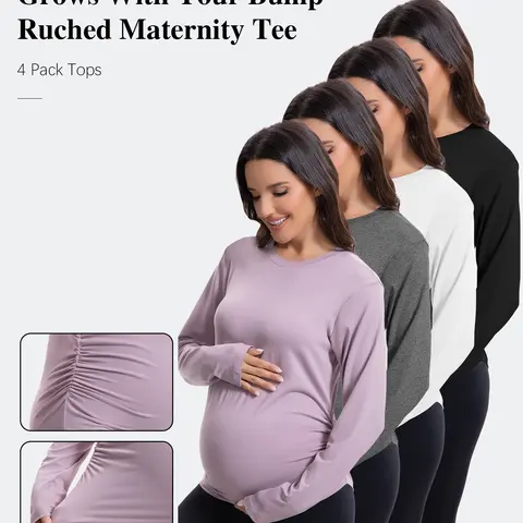 Women's 4-Pack Breathable Casual Wear Maternity Long Sleeve Crew Neck Loose Fit Tops - Side Ruching, Soft Stretch Clothing for Women, All-Trimester Postpartum Layering Sports Shirts
