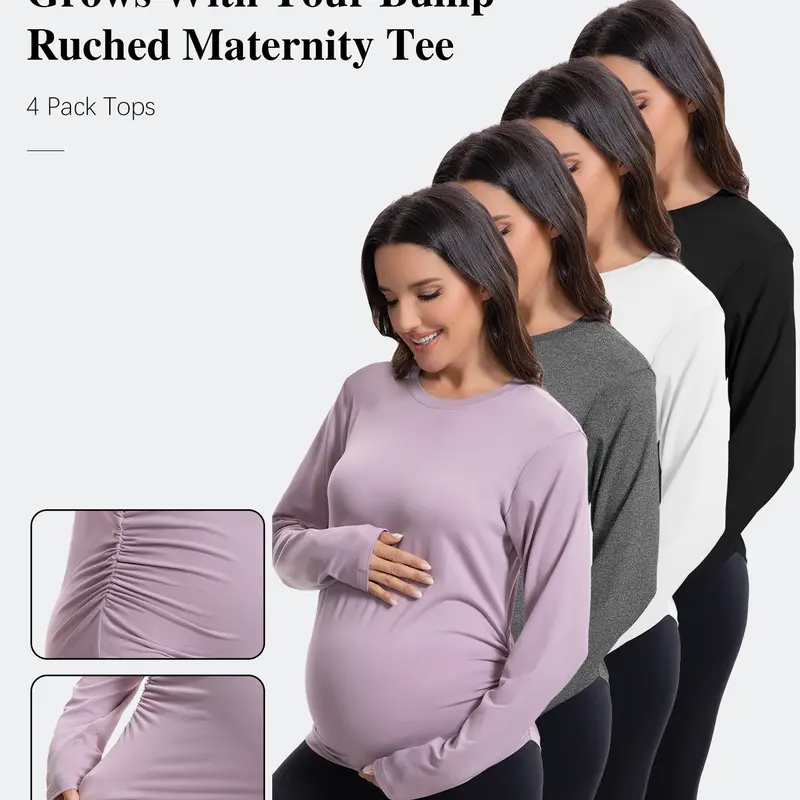 Women's 4-Pack Breathable Casual Wear Maternity Long Sleeve Crew Neck Loose Fit Tops - Side Ruching, Soft Stretch Clothing for Women, All-Trimester Postpartum Layering Sports Shirts