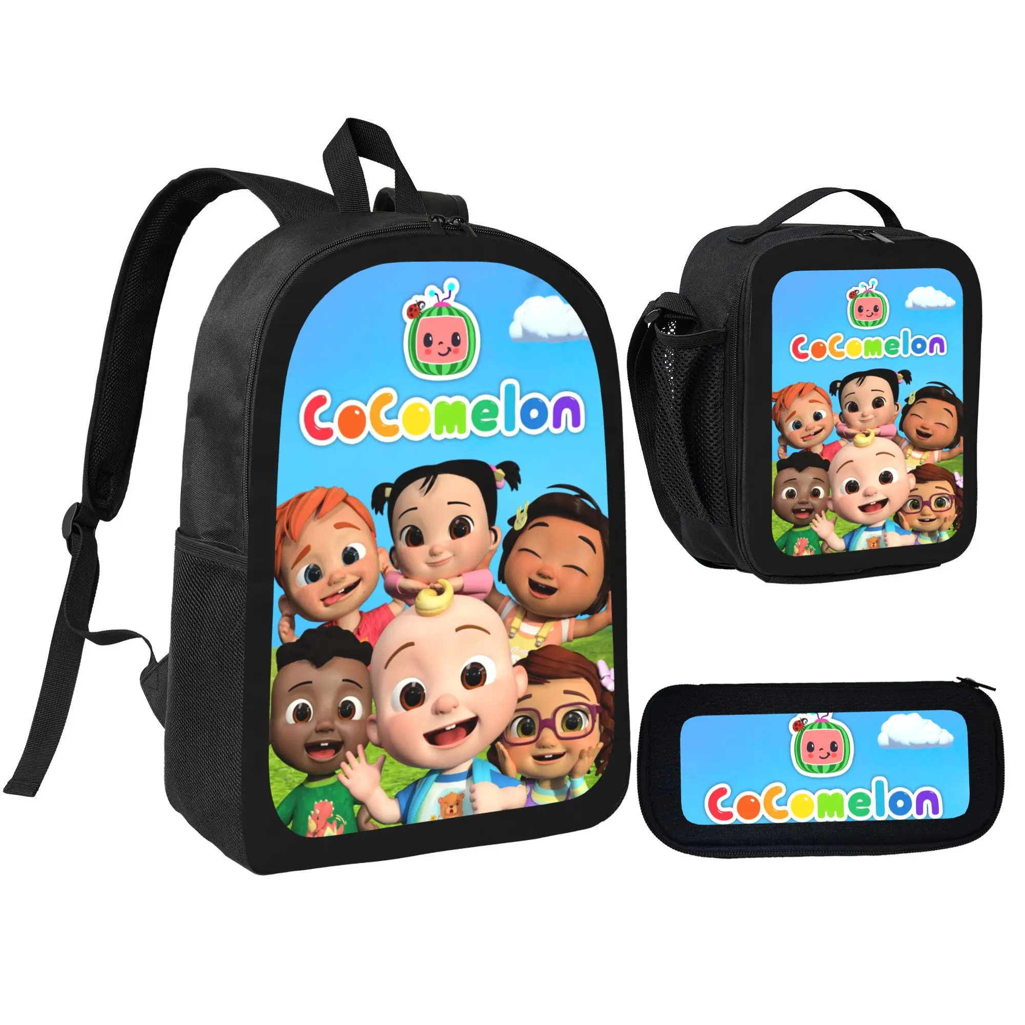 Cocomelon 3-Piece Casual Backpack Set - Synthetic Polyester Lightweight School Bookbag with Zipper, Insulated Lunch Box, Pencil Case for Kids, Full Functionality for School, Vacation, Insulated Bag, Clothes, Unisex, Back To School Haul, Adjustable