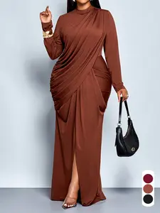 Women's Elegant Fall Winter Plus Size Dress, Stand Collar Ruched Bodycon, Long Sleeve Plain Design, Fashionable Commuter Wear