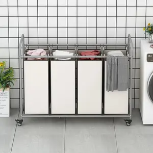 LINZINAR 4 Bag Laundry Basket Sorting Machine Cart with Rolling Lockable Wheels & Detachable Waterproof Bags Large Capacity Oxford Material Easy Assembly