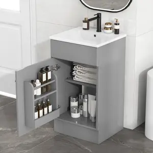 18" Bathroom Vanity with Sink, Vanity Cabinet with Door Shelf and Adjustable Shelf, Grey,2026NEW