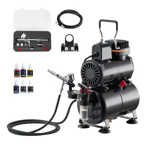 VEVOR Airbrush Kit, 1/6 HP, Air Brush Kit with Air Compressor and Tank, 1 Dual-Action Professional Airbrush with 3 Tips, Acrylic Paint, Low Noise, for Cake Decorating, Model Painting, Nail Art