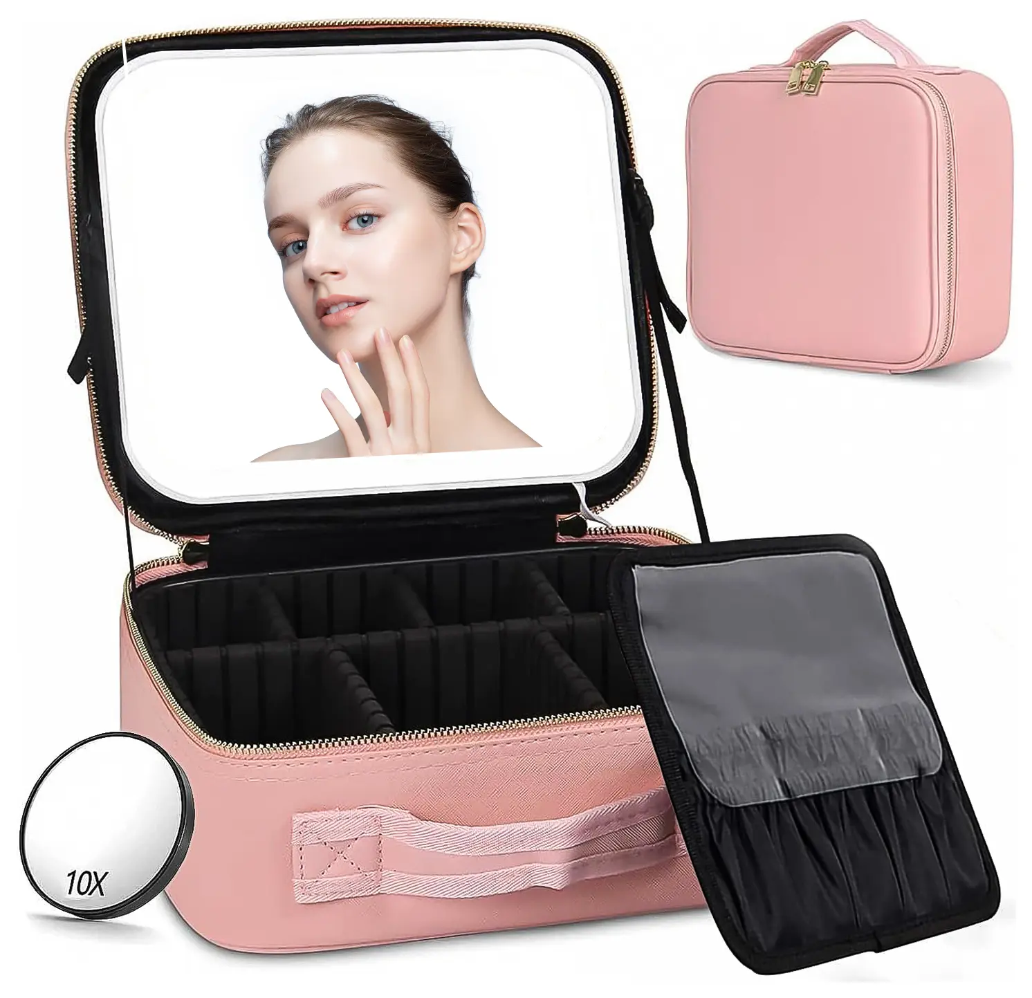 Portable Vanity Makeup Case with 3 Lighting Modes Mirror & Adjustable Dividers, PU Leather Cosmetic Bag & Makeup Containers for Professionals, Travel Makeup Bags Organizers