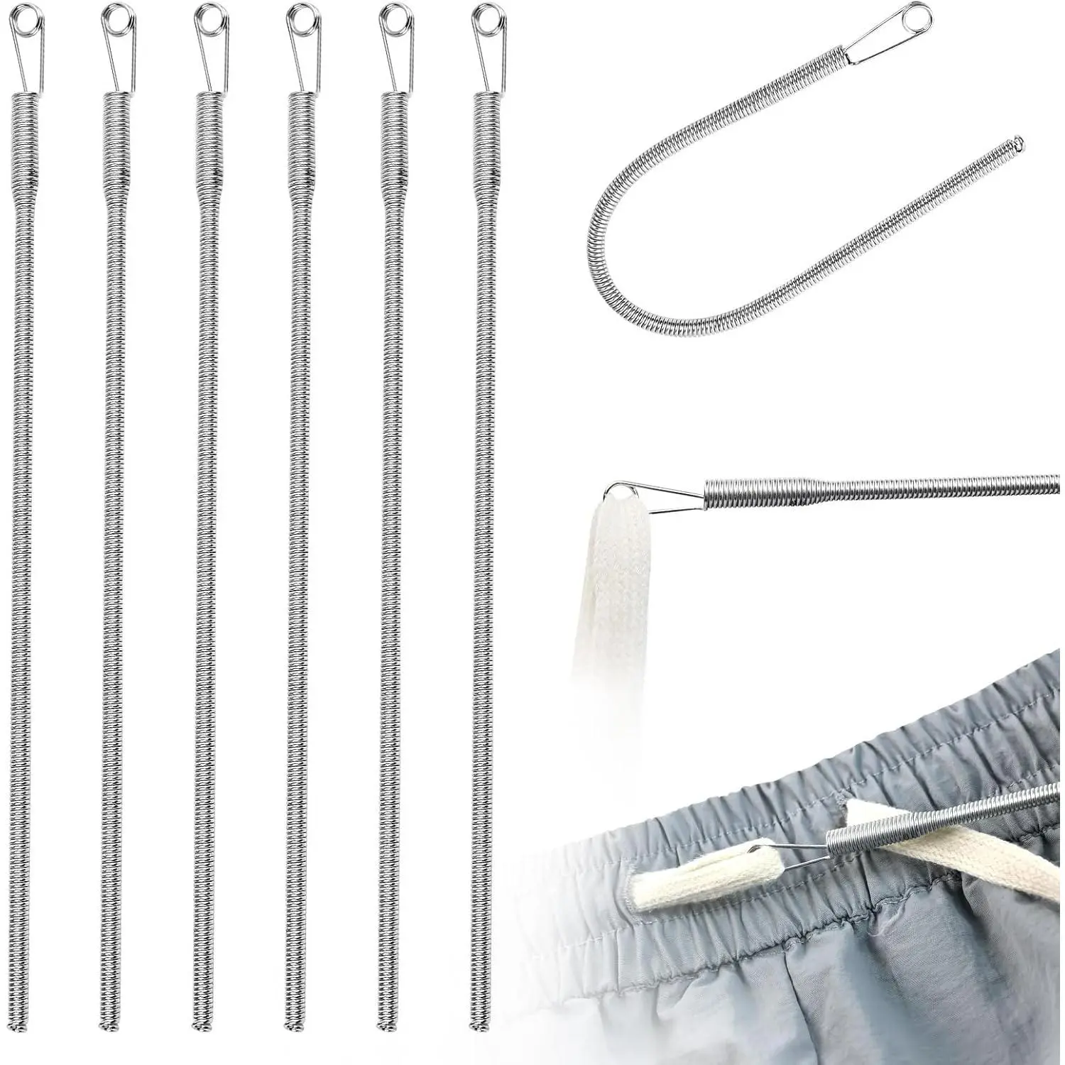6 count Spring Loop Threader Tool with Rope Threader Clip, Elastic Drawstring Puller for Hoodies, Pants, Jackets and Sweatpants