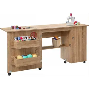 Folding Sewing Table, Sewing Machine Table with Compact Design, Multipurpose Craft Station & Side Desk with Lockable Wheels, Storage Shelves, Storage Trays, Pegs, Magnetic Locks