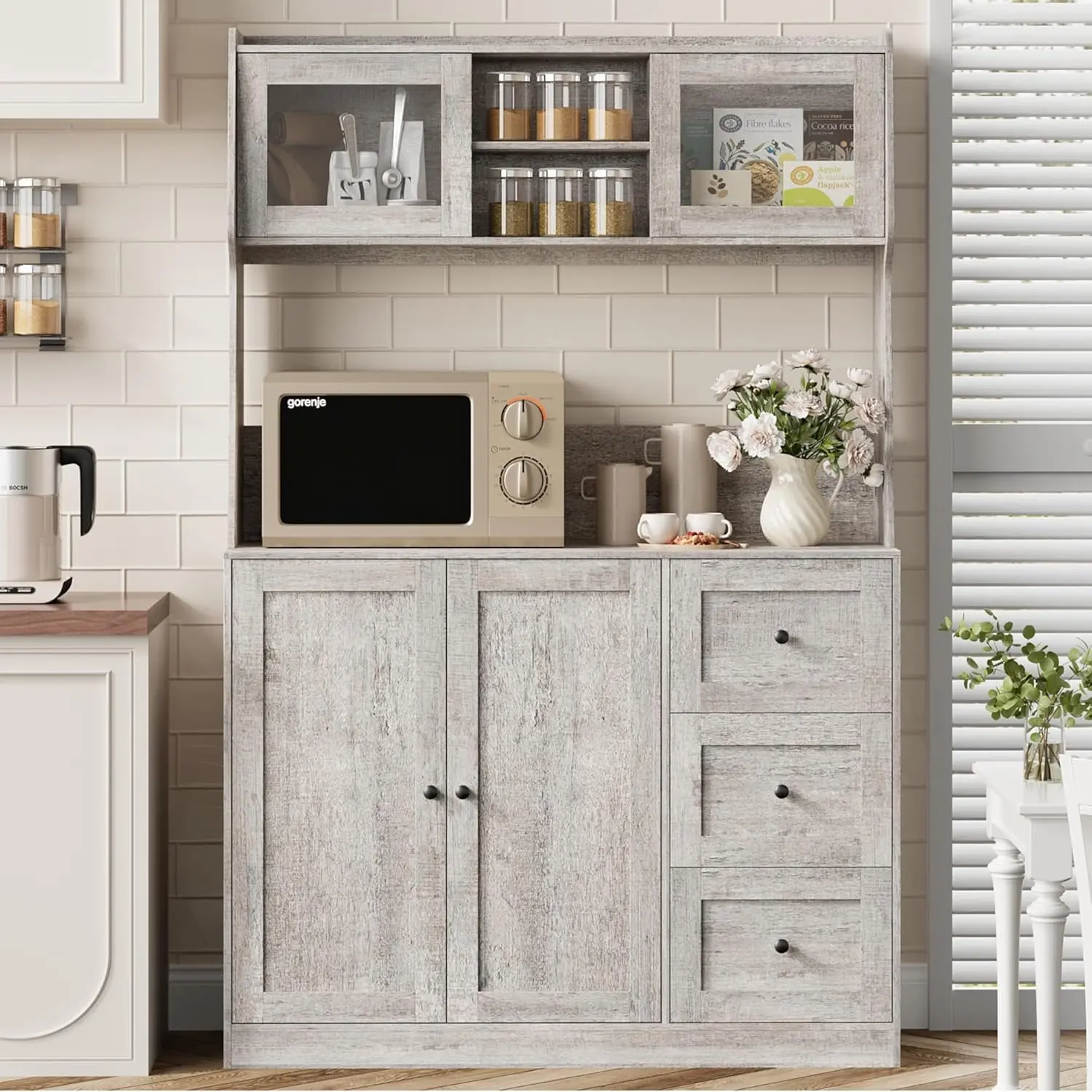 Gaomon Grey Sturdy Freestanding Farmhouse Traditional Kitchen Pantry Cabinet - 66 in Tall Storage Hutch with Microwave Shelf, Countertop, 3 Drawers, LED Lights, Thick Board, Anti-Tip Base, Easy Set-Up, Assembly Required for Dining Room