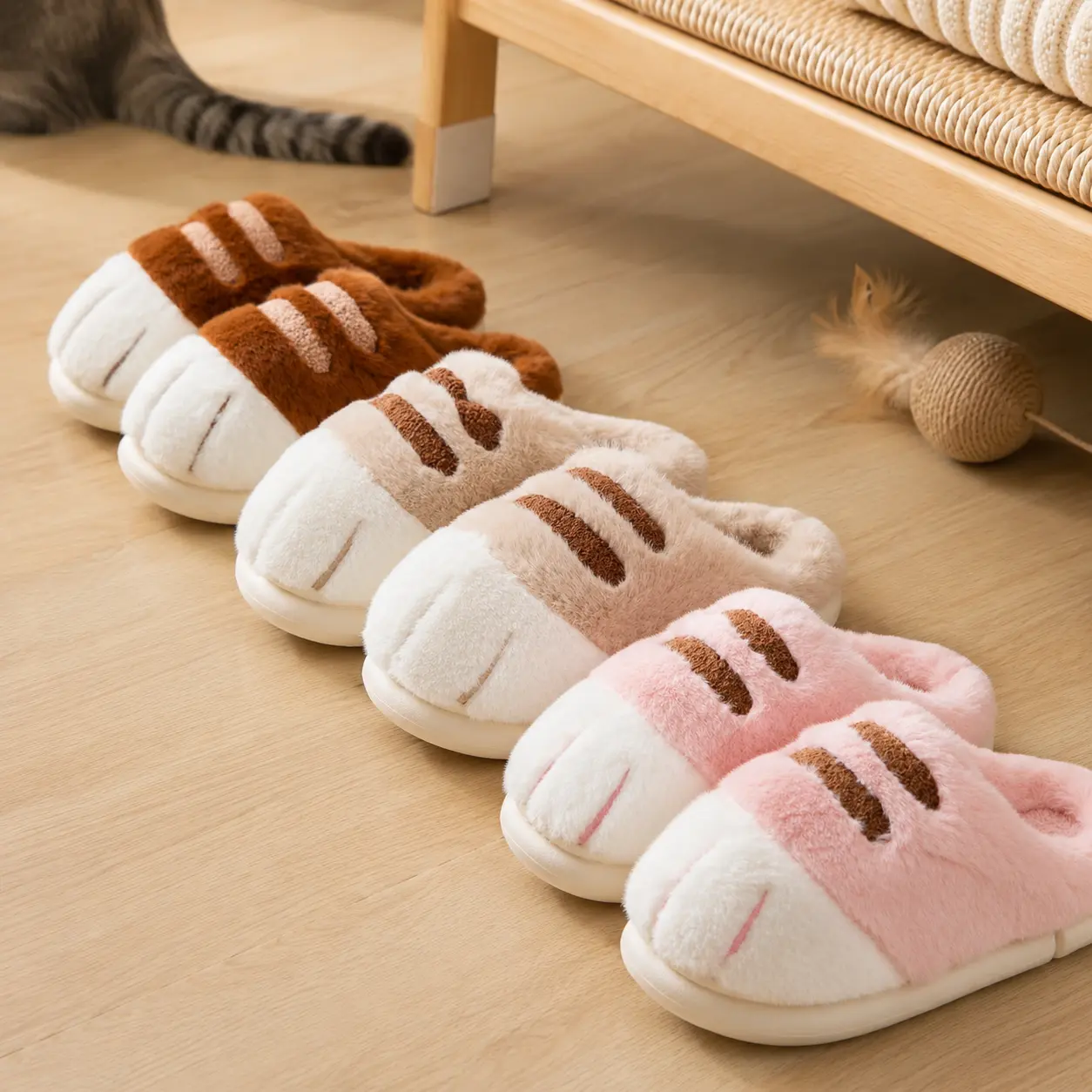 Trendy Fuzzy Cat Paw Slippers Cozy Plush Indoor House Shoes with Non Slip Bottom