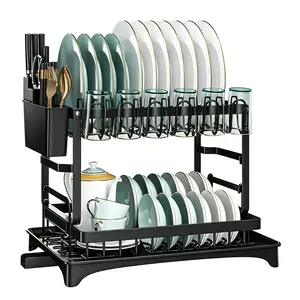 2-Tier Dish Drying Rack Dish Drying Organiser with Drainboard Detachable Dish Drainer Organizer Kitchen Gadgets Space Saver Foldable Storage Rack,Black