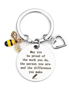 Creative Bee Love Pendant Stainless Steel Keychain Gift Engraved DIY Key Chain Teacher Appreciation Graduation Memorial Heartfelt Present