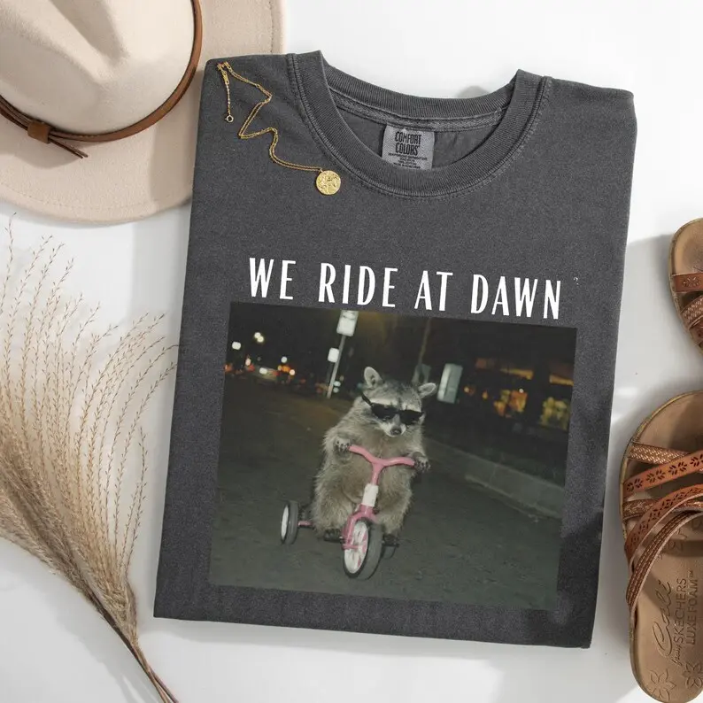 Comfort Colors We Ride At Dawn Shirt - Funny Raccoon Riding Tricycle Graphic Tee, Sarcastic Trash Panda Meme T-Shirt, Chaotic Night Drive Adult Humor Top