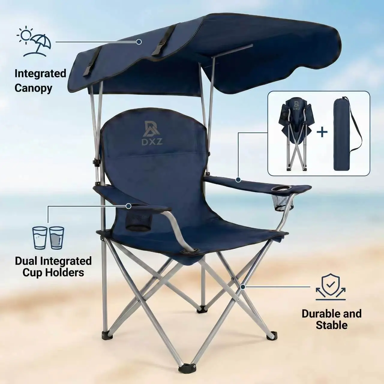 Camping Chair with Shade Canopy, Foldable Heavy Duty Outdoor Chair with Cup Holder – Beach, Fishing, Sports & Backyard Essential