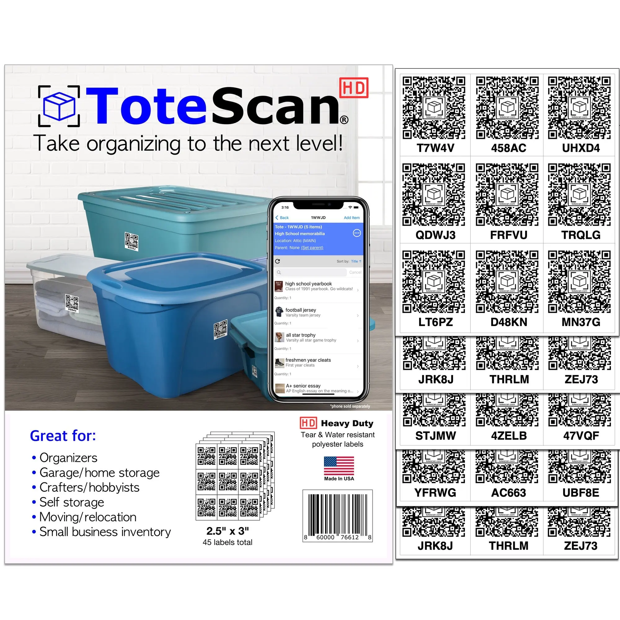 ToteScan HD (Heavy Duty) Intelligent QR Labels for Organization/Moving/Storage (45 Unique Labels, 2.5"x3")