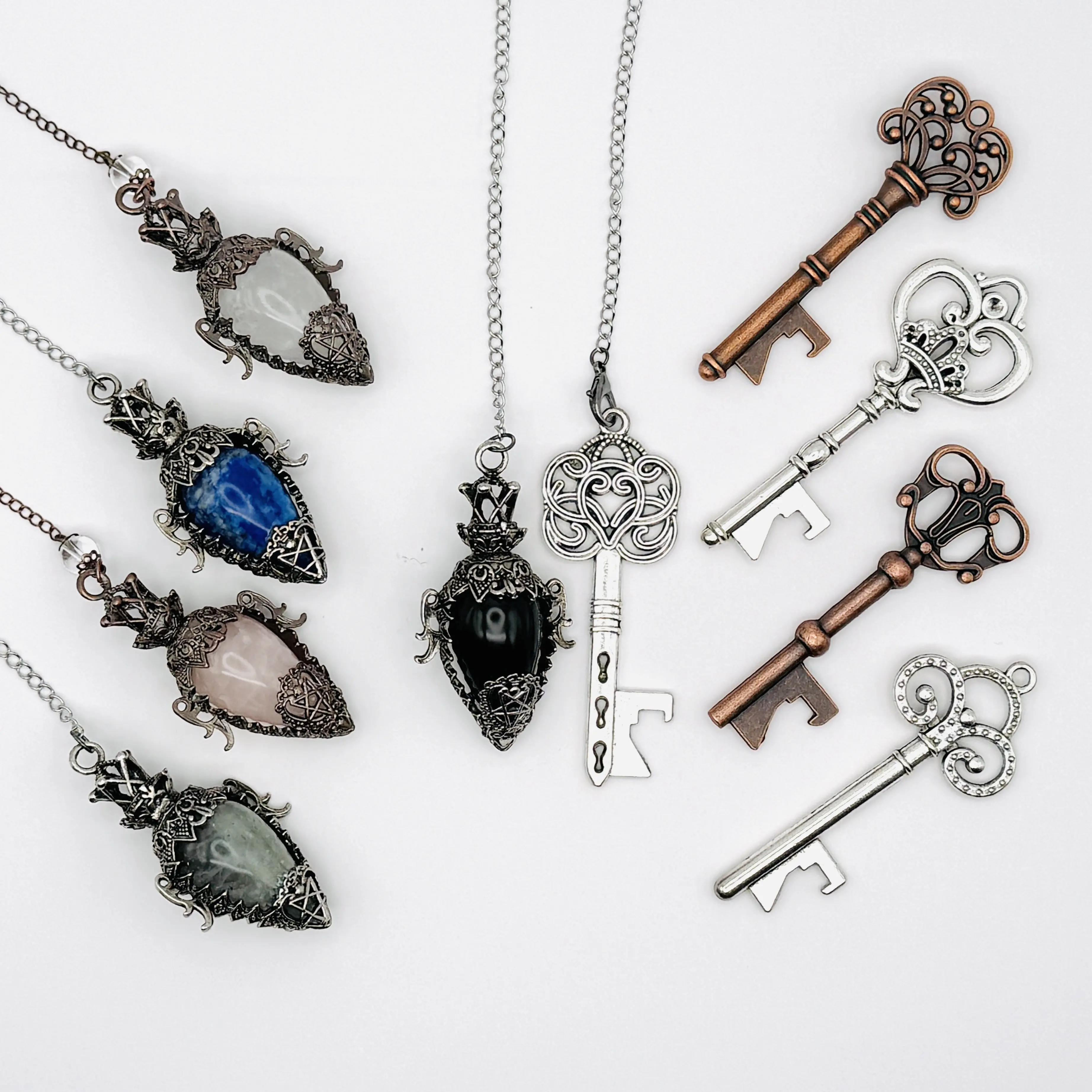 Natural Crystal Hecate's Key Pendulum - 55x35mm, Select Your Stone, Metal & Key Charm - FREE Yes-No Dowsing Board, Perfect Gift for Witches, Divination Jewelry Accessory, Crystalline