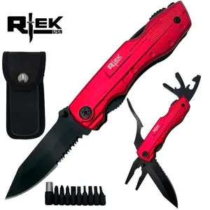 RTEK RT 8219-RD 4.5-in Portable 9-in-1 Multitool - Stainless Steel Knives, Pliers, Bottle Opener, Screwdrivers, Aluminum Grip, Sheath - Survival Tools for Everyday Carry