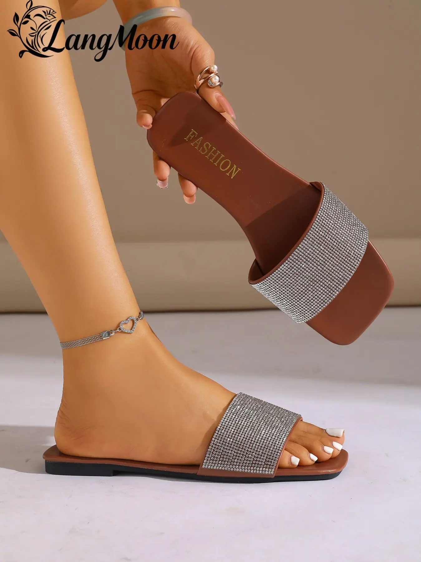 Langmoon 2026 Luxurious Rhinestone Square Toe Flat Heel Sandals Women Footwear, Fashionable Pu Slides, Soft PU Leather, Breathable Non-Slip Sole, Casual Summer Shoes for Daily Wear