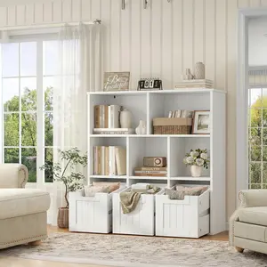 Bookcase with 3 Movable Drawers – Home Office Cube Storage Unit with 5 Open Cubbies – Toy Storage Organizer & Multifunctional Floor Storage Chest