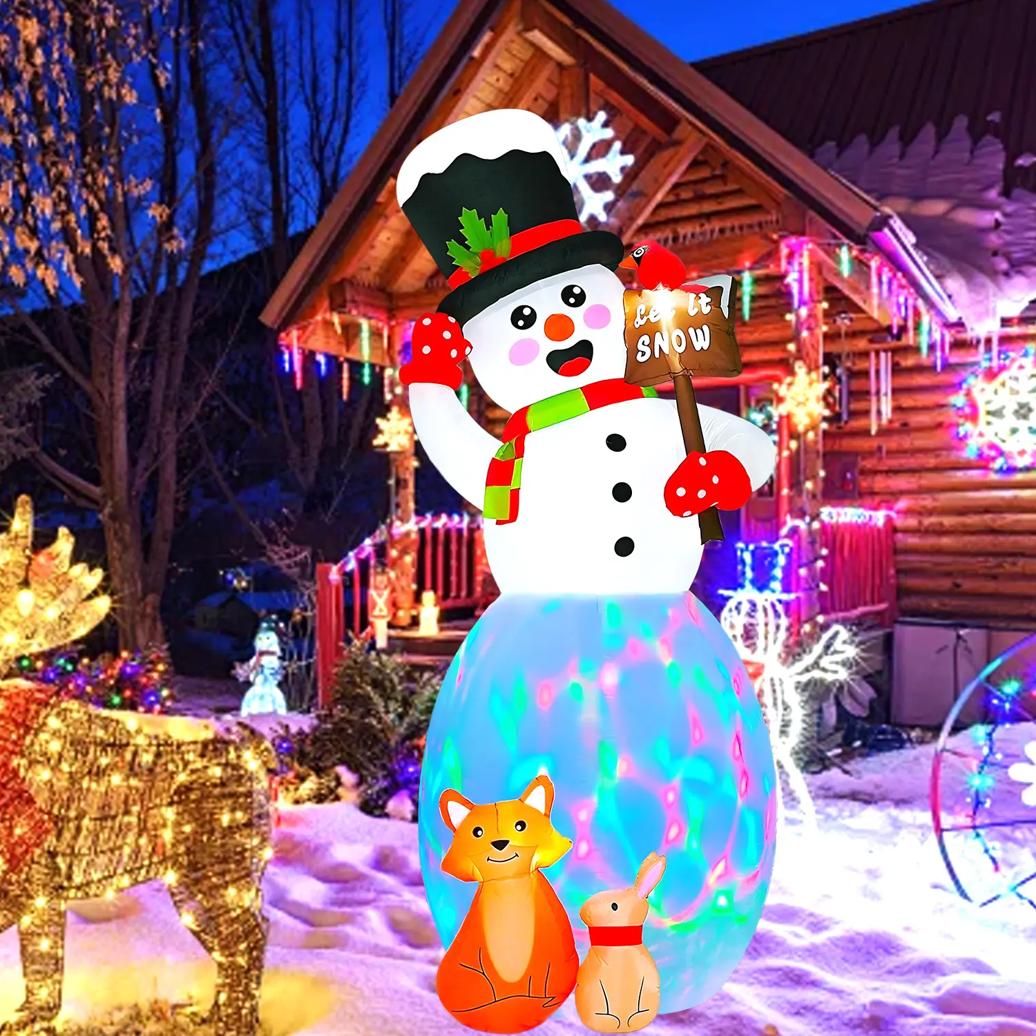 12 FT Christmas Inflatable Snowman Decoration, Lighted Rotating Colorful Lights Blow Up Snowman with Fox & Rabbit, Outdoor Yard Decor for Holiday Party, Lawn, Garden