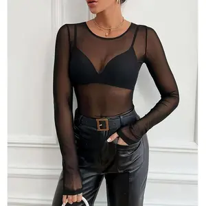 Women's Sexy Sheer Mesh Long Sleeve T-Shirt - Slim Fit H-Silhouette Top, Breathable Round Neck Blouse for Spring/Summer, Machine Washable Elegant Casual Wear, Summer Fashion, Pullover Style, Sleek Construction