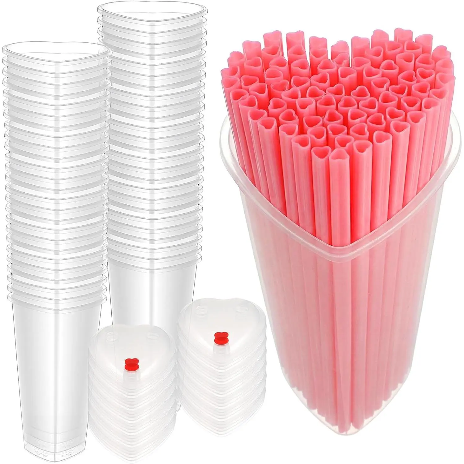 50 Sets Heart Shaped Plastic Cups with Straws and Lids – 16 oz Disposable Clear PP Cups with Pink Heart Straws & Airtight Lids for Valentine’s Day, Bridal Shower, Birthday, Wedding Party Supplies