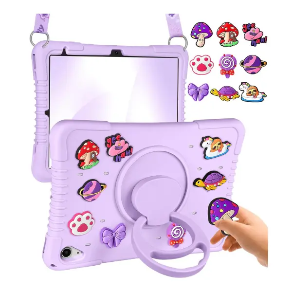 Cute Case for iPad 10th Gen 10.9" & A16 11th Gen 11" (2025) – Soft Silicone Kids Cover with 360° Rotating Stand, Strap & DIY Accessories