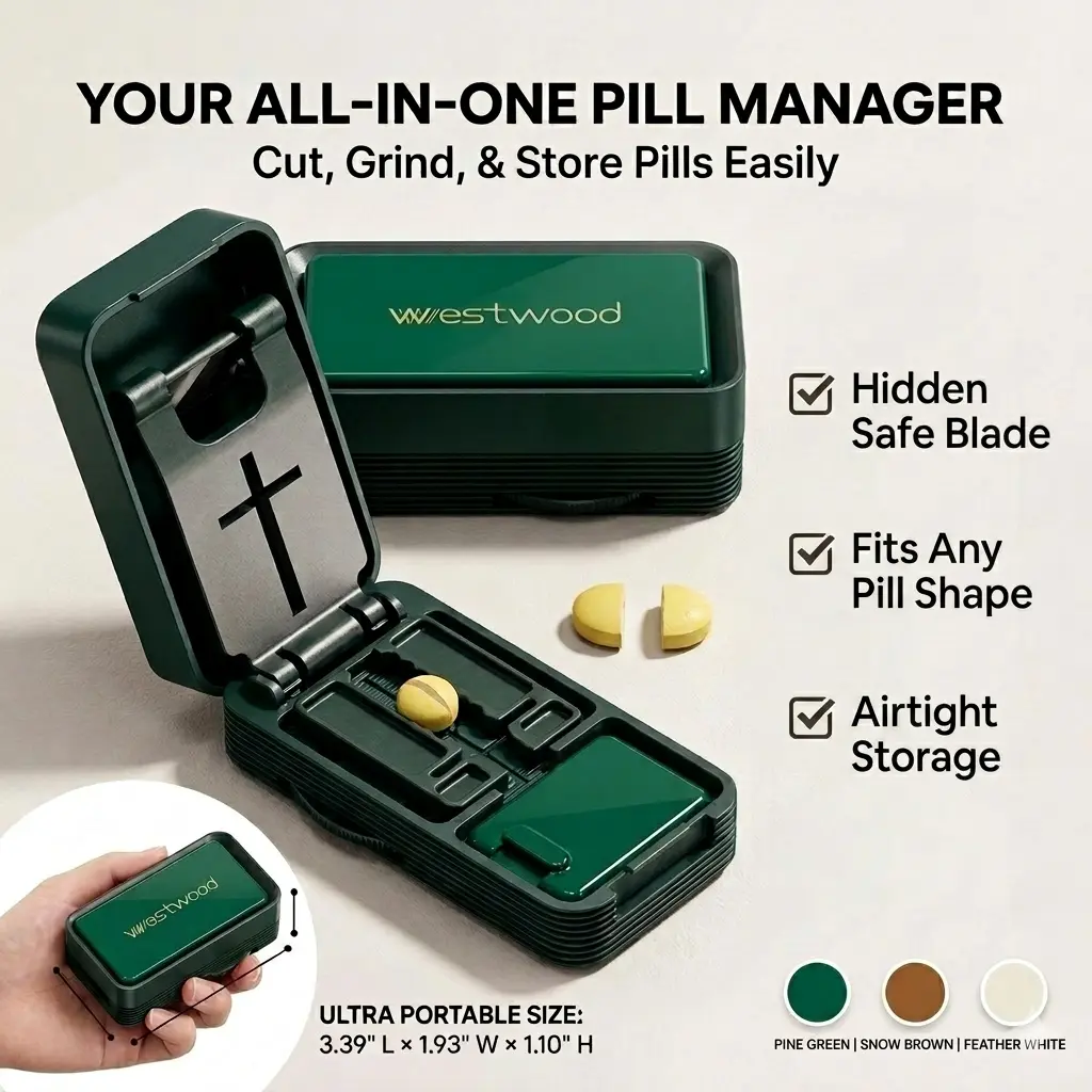 Pill Cutter - 1/4 & 1/2 Pill Splitter for Small Tiny Large Pills Professional | Hidden Blade & Sealed Storage | Adjustable & Cuts Multiple Tablets | Includes Cleaning Brush Healthcare