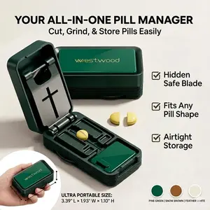 Pill Cutter - 1/4 & 1/2 Pill Splitter for Small Tiny Large Pills Professional | Hidden Blade & Sealed Storage | Adjustable & Cuts Multiple Tablets | Includes Cleaning Brush Healthcare