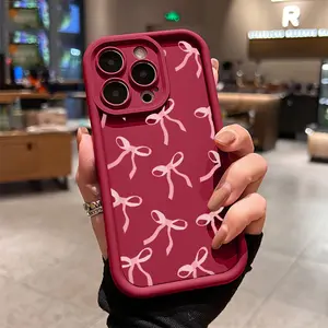 Pink Bowknot Pattern Case for iPhone 16 15 14 Pro Max 13 12 11 XR XS Plus Shockproof Drop Protection Rugged Durable Silicone Cover