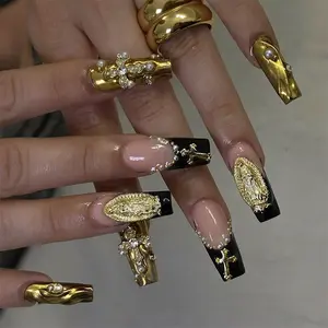 Gothic Gold Metal Press On Nails, Black & Gold French Tip with Virgin Mary Metal Cross Charms, Egyptian Royal Desert Style, Edgy Long Coffin Removable False Nails with Jelly Glue and Nail File, Nail Embellishments