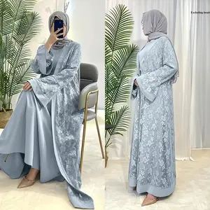 Muslim Eid Dress Open Abaya Suit Women Dresses Cardigan Robe 2 Piece Sets Vestidos Flower Print Kaftan Jalabiya Ramadan Dubai