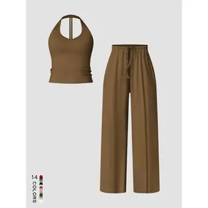 Women's Quick-Dry Sports Tank Top, Casual High-Waisted Bell Bottoms, Comfortable Sporty, All-Season Plain Style