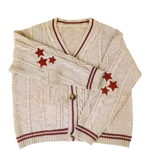 Women’s knit winter cardigan sweater with a vintage preppy aesthetic featuring star motifs, long sleeves, a V-neck, and a single-breasted design; available in maroon stripes and casual geometric styles.